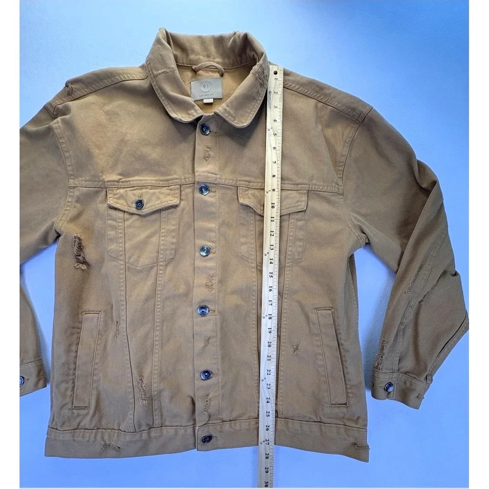 Cotton On 91 Men's Distressed Denim Trucker Jacket Tan Khaki XL Ripped Outerwear